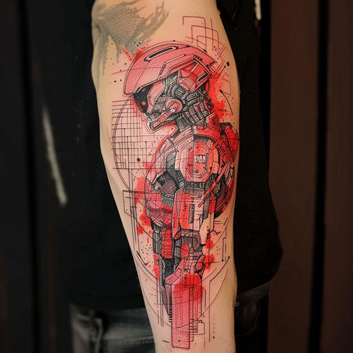 Red tattoos with cyberpunk motifs, in the style of Adrian Smith