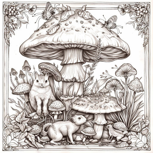 Vintage mushroom illustration with woodland animals in the style of Edward Julius Detmold, classic and detailed, Coloring book page