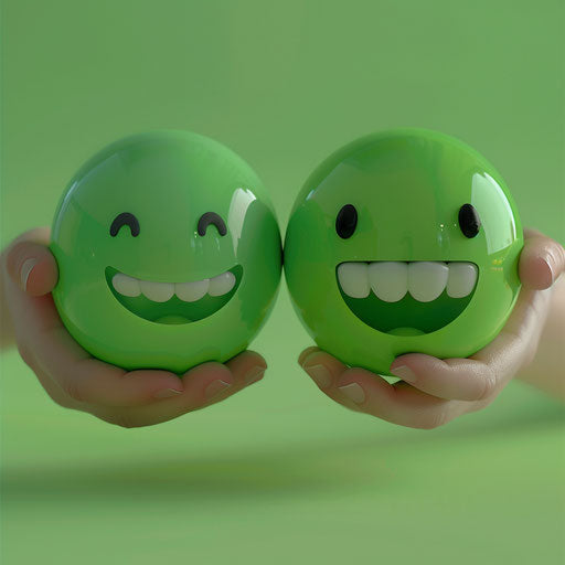 Green emoticort holding hands to show teeth