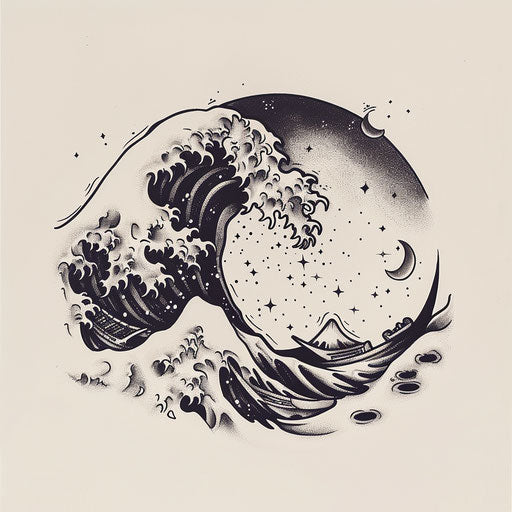 Flat tattoo sketch of a gentle wave with sleep and dream symbols hidden within
