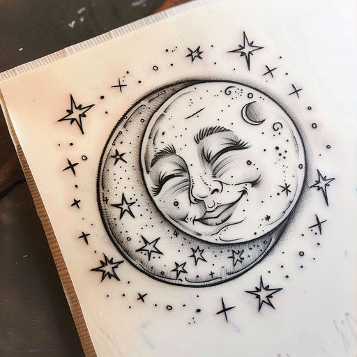 Neo-traditional tattoo design with smiling moon and nautical stars on white sheet