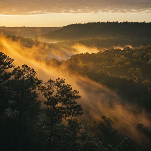 The Ozark Mountains in golden sunrise light with mist in the valleys