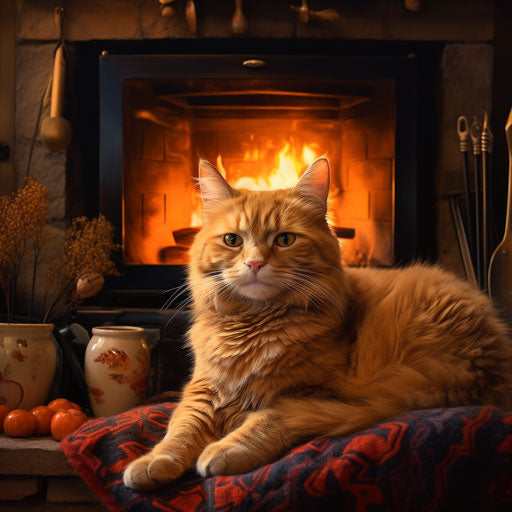 Orange cat in front of a fire in a fireplace