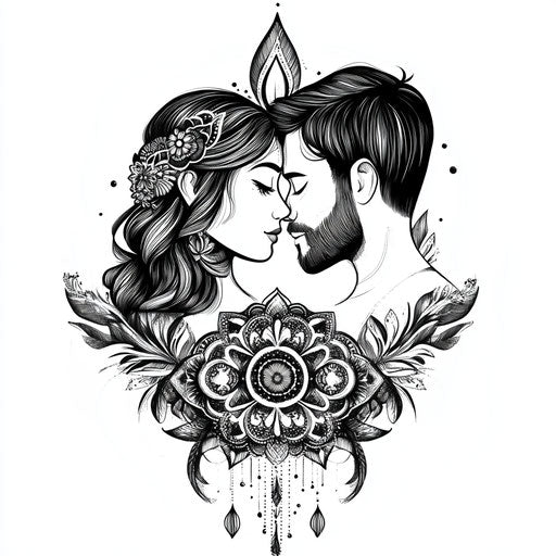 Beautiful flat tattoo sketch of mom and dad with intricate mandala