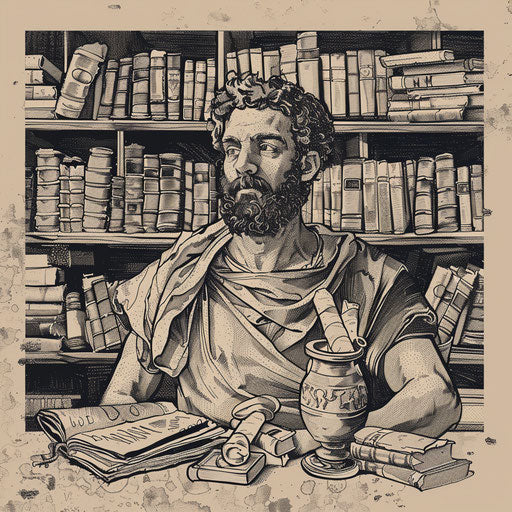 Vibrant tattoo sketch of Marcus Aurelius in a library setting