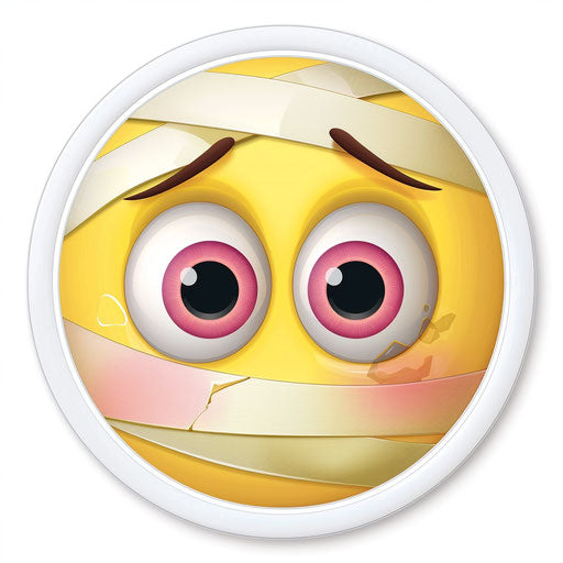 Sad face with bandages, white background, yellow circle, pink eyeliner