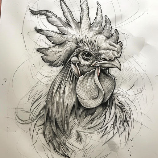 Rooster tattoo in sketch style, hand-drawn with pencil on white paper