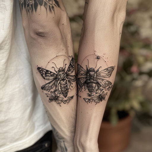 Couple tattoo with intricate insect designs symbolizing metamorphosis, in the manner of Maria Sibylla Merian