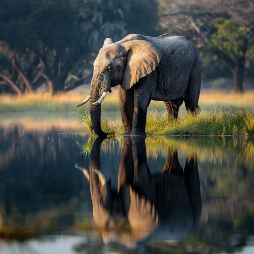 Elephant's reflection in a still lake, surrounded by nature sounds