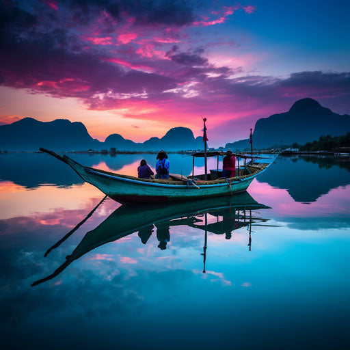 Small boat at sunset, dark magenta and sky-blue