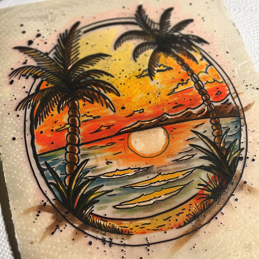 Exotic tattoo sketch of a tropical scene with palm trees at sunset, rich oranges and yellows