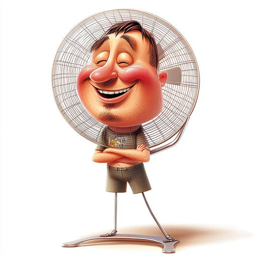 Humorous caricature of an electric fan with human characteristics