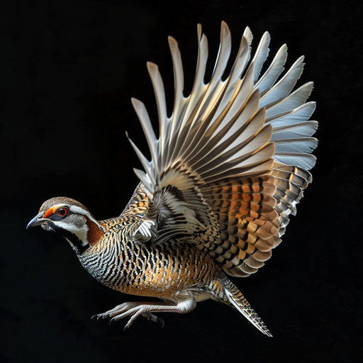 Quail bird in full flight with spread wings