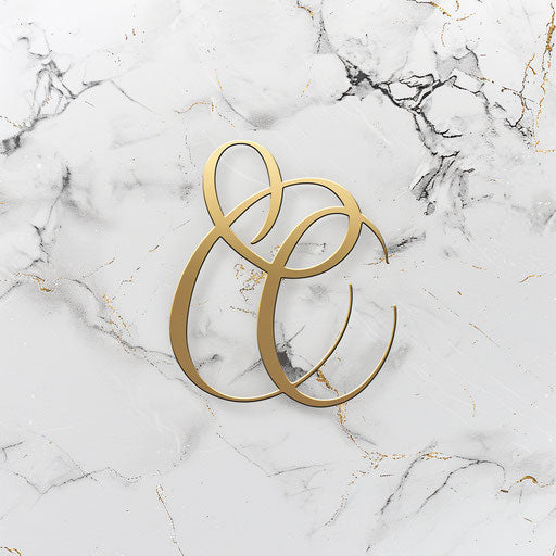 Elegant cursive logo for a clothing brand with a marble background, gold accents