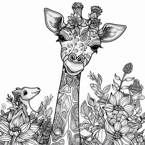 Nature-themed giraffe with whimsical animals in the style of Teagan White Coloring book page