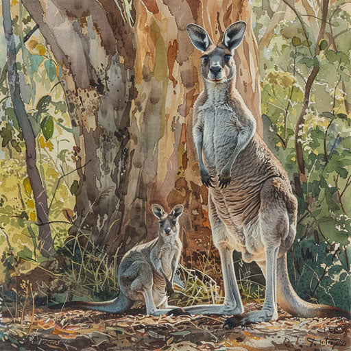 Western grey kangaroo and joey under eucalyptus tree