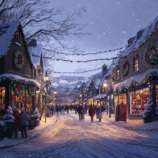 Festive Christmas street with shops adorned in wreaths and lights, shoppers below snowfall
