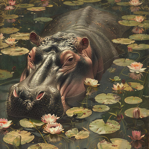 Hippo lounging in a pool with water lilies and lotuses