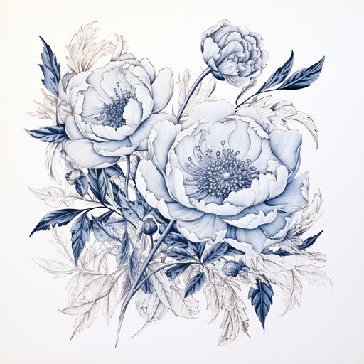 Drawing of the peony, intricate floral style, bold black lines