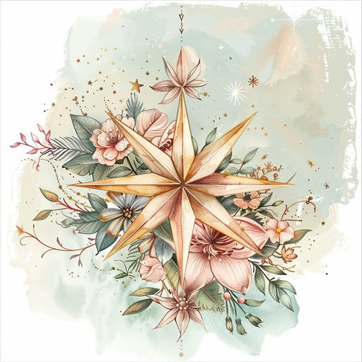 Elegant flat tattoo sketch of the North Star with delicate floral elements, soft pastel colors, and a dreamy style
