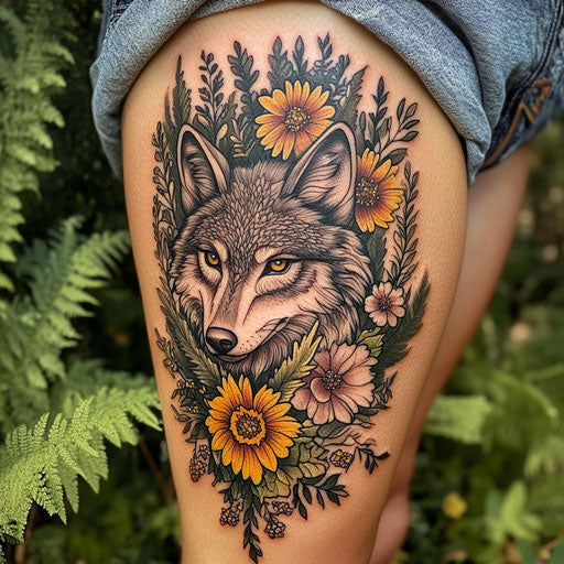 Floral tattoos for women with a wolf surrounded by forest flowers