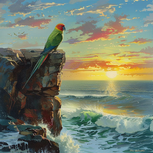 Swift parrot on rocky outcrop at sunset with ocean waves