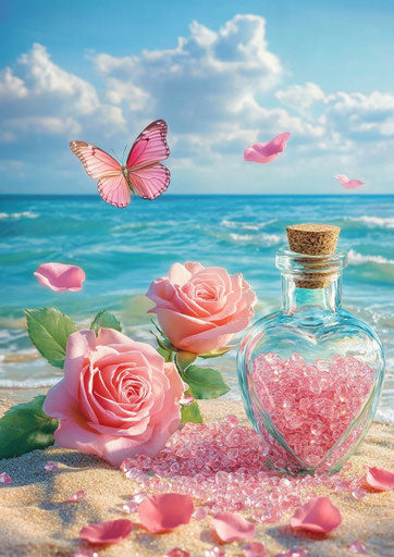 3D Diamond Painting of Heart-shaped Beach with Pink Roses and Butterfly on Sand