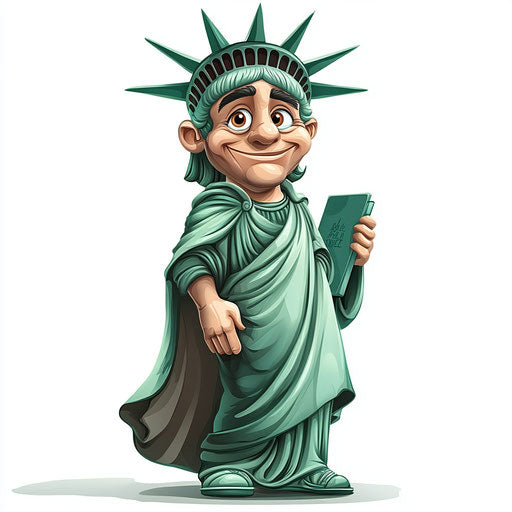 Humorous caricature of a statue of liberty with human characteristics