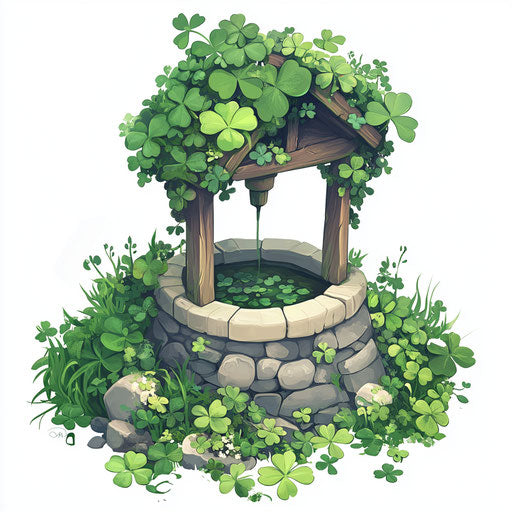 The old well surrounded by green shamrocks of St. Patrick
