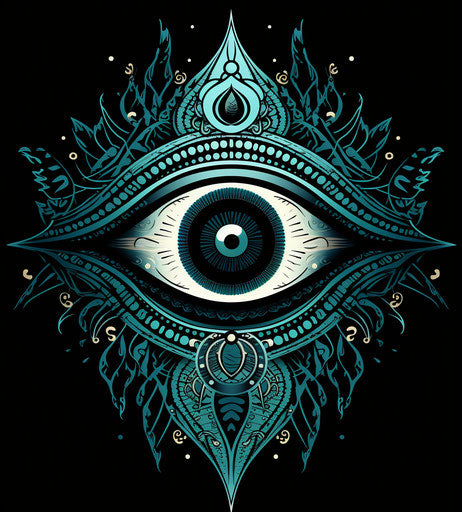 Tribal symbol of an eye with ornaments, light teal and black style, psychological symbolism 26:29