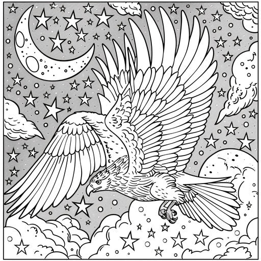 Whimsical eagle flying in a sky full of stars and moons