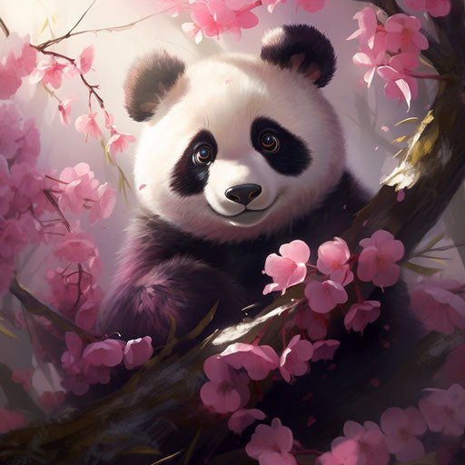 Panda bear with pink flowers on branches, animated gifs style