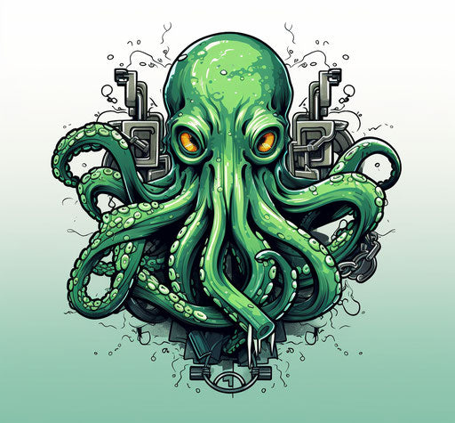 Octopus with key, light green and gray style, edgy caricatures