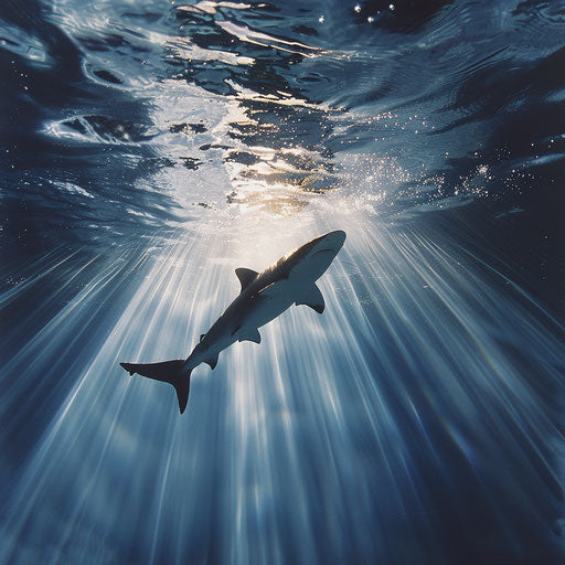 Shark at twilight, sunlight filtering through the water