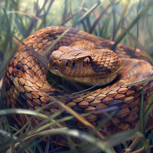 Copperhead snake slithering through grass