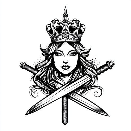 Tattooed queen with crown and crossed sword
