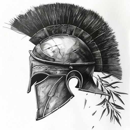 Detailed Spartan helmet with olive branch inked black/gray on white