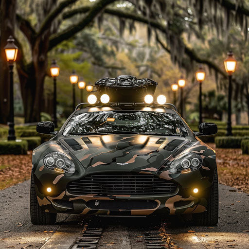 Aston Martin DB7 Zagato safari edition with camouflage wrap and roof-mounted lights, near a savannah