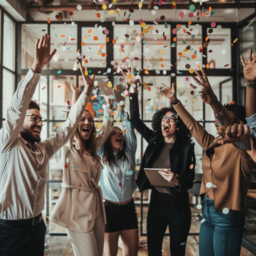 Dynamic team celebrating project milestone with confetti and high-fives