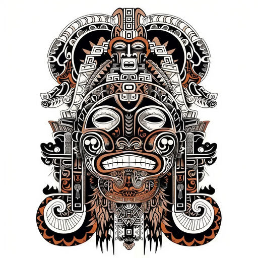 Elegant Mayan pottery design tattoo with intricate black and terracotta details on white background