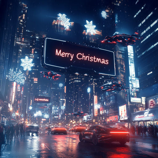 Merry Christmas in a futuristic cityscape at night