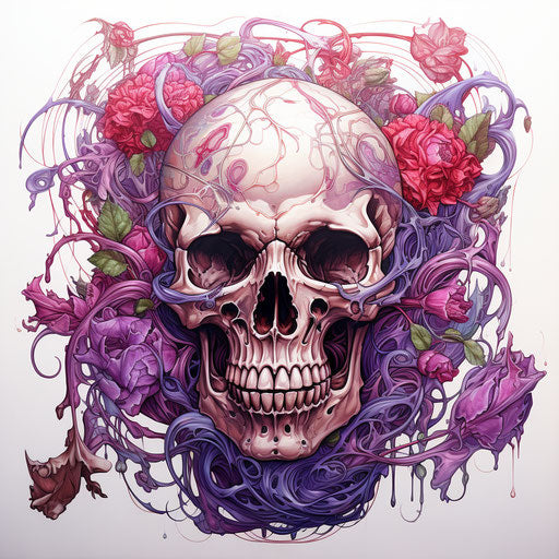 Skull and rose tattoo with floral designs