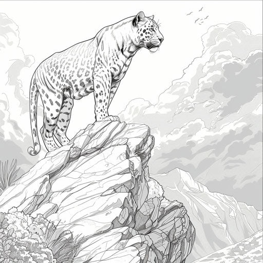 Black panther on rocky cliff. Coloring page