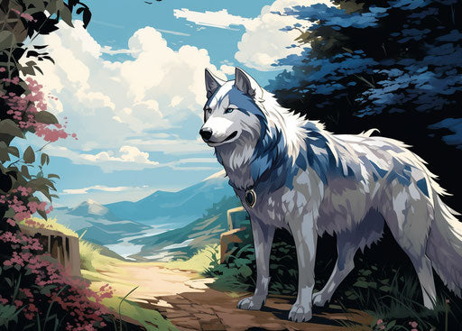 A husky walking on a pathway near bushes