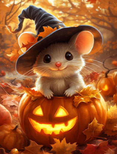 Adorable mouse in oversized witch hat on pumpkin