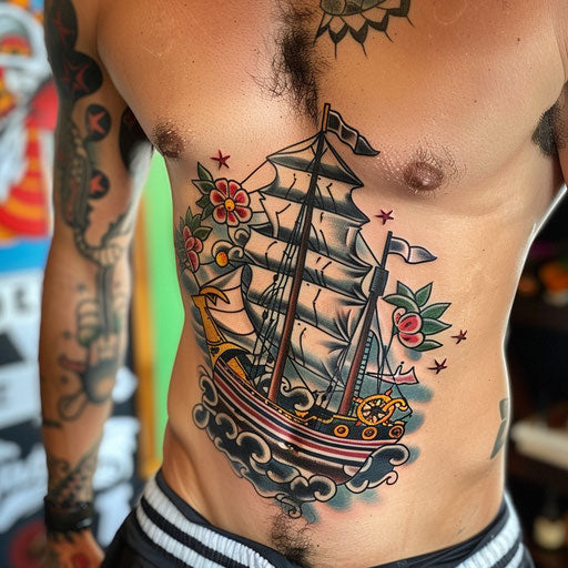 Men's tattoo with ship and anchor, Sailor Jerry style