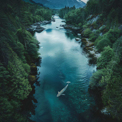 White sturgeon swimming upstream in wild river with dense forests and rugged mountains