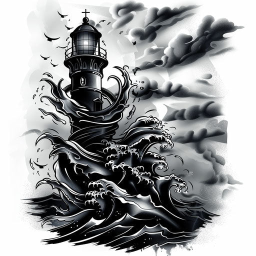 Nautical tattoo with lighthouse and stormy waves