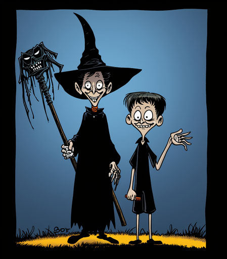 Black witch & boy with scythe, clever cartoon style