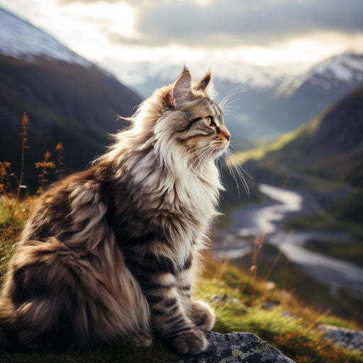 Norwegian forest cat sitting in front of mountain scenery